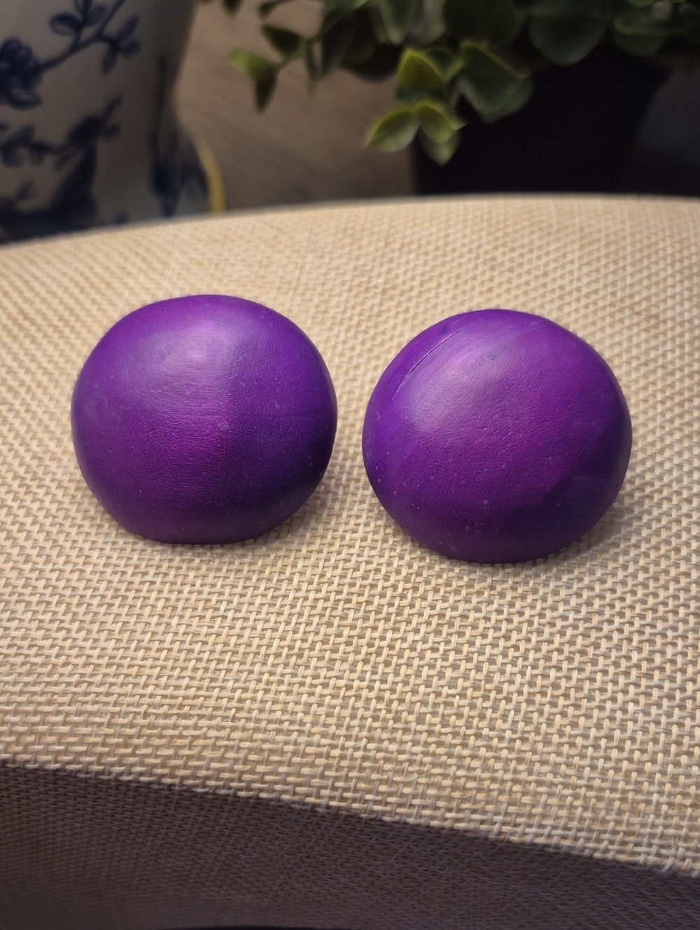 Vintage Purple Dome Wooden Clip On Earrings